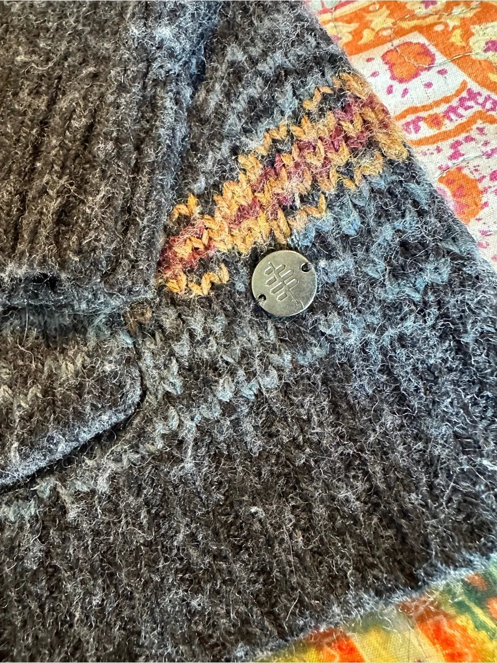 Royal Robbins Navy Cardigan with Tan and Rust Fair Isle Detail